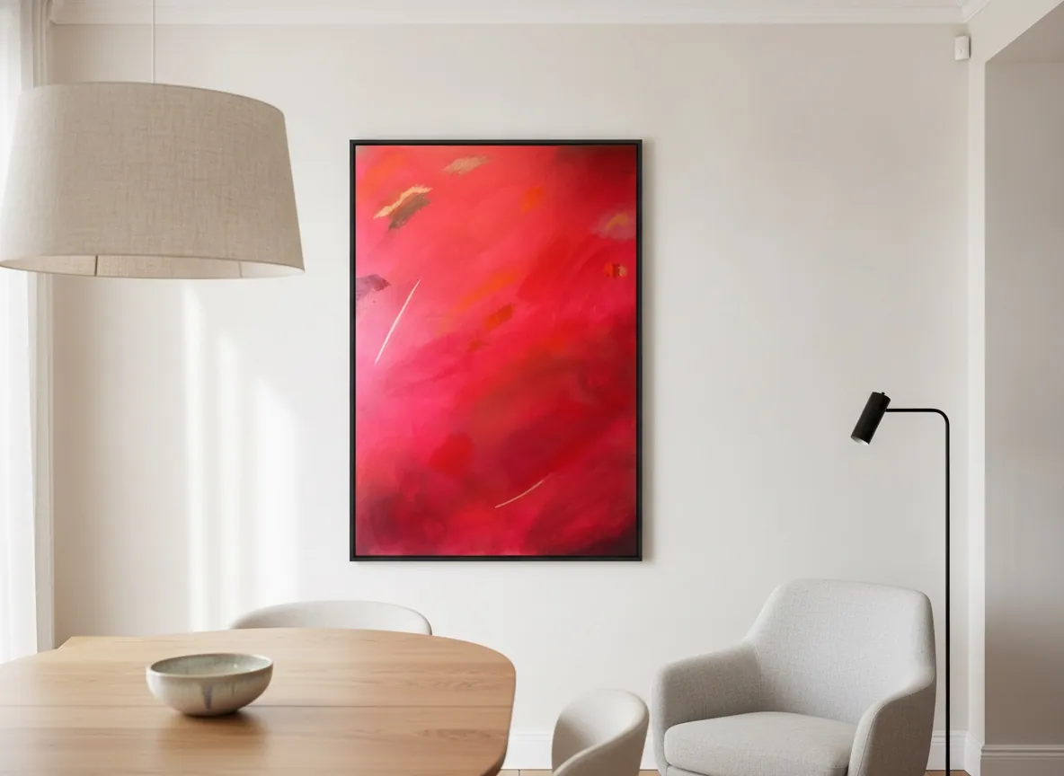 Fire of Devotion (100 x 150 cm), acrílica sobre tela, em parede de estúdio próxima a superfícies de tratamento acústico — Alyne Perfeito, Perfeito Studio