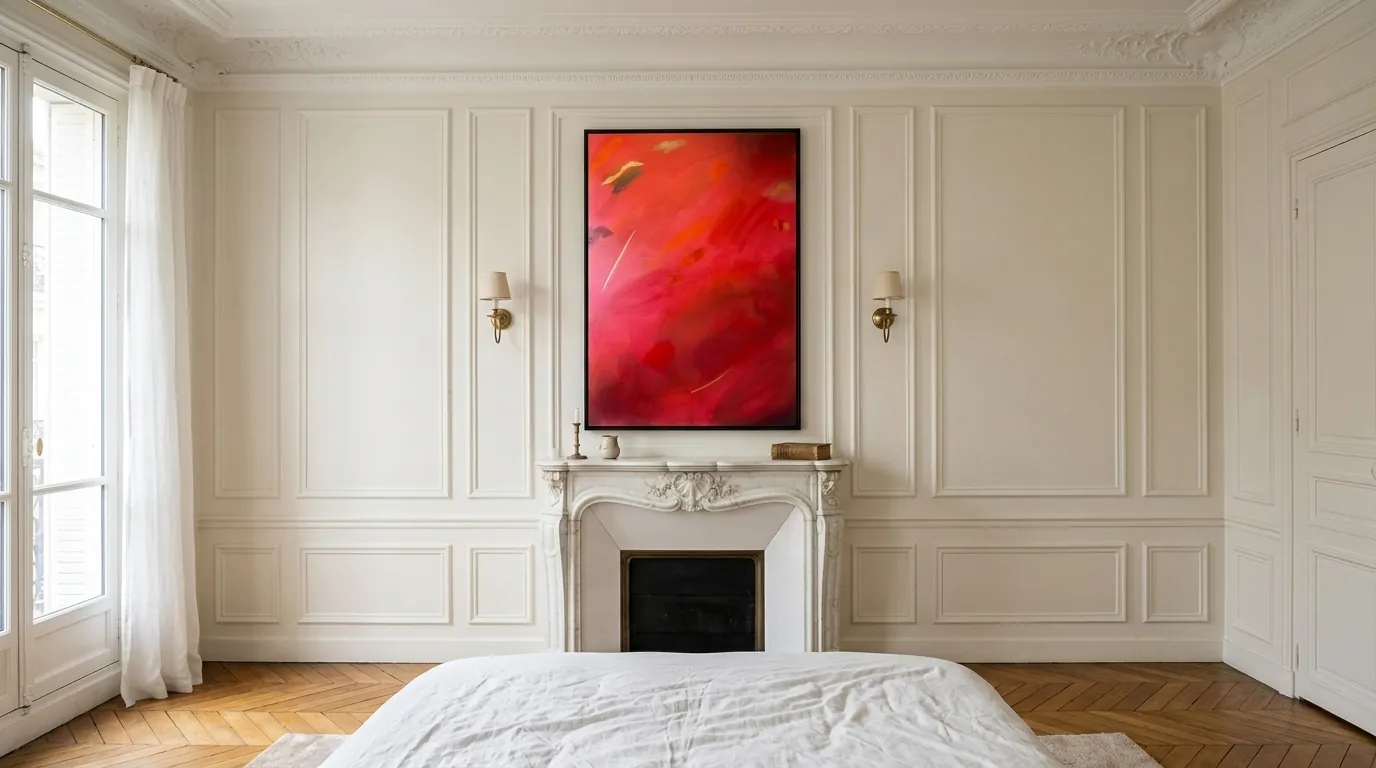 Fire of Devotion (100 x 150 cm), acrylique sur toile — Alyne Perfeito, Perfeito Studio, dans une visualisation numérique d'une chambre à boiseries blanches, cheminée en marbre et parquet à chevrons