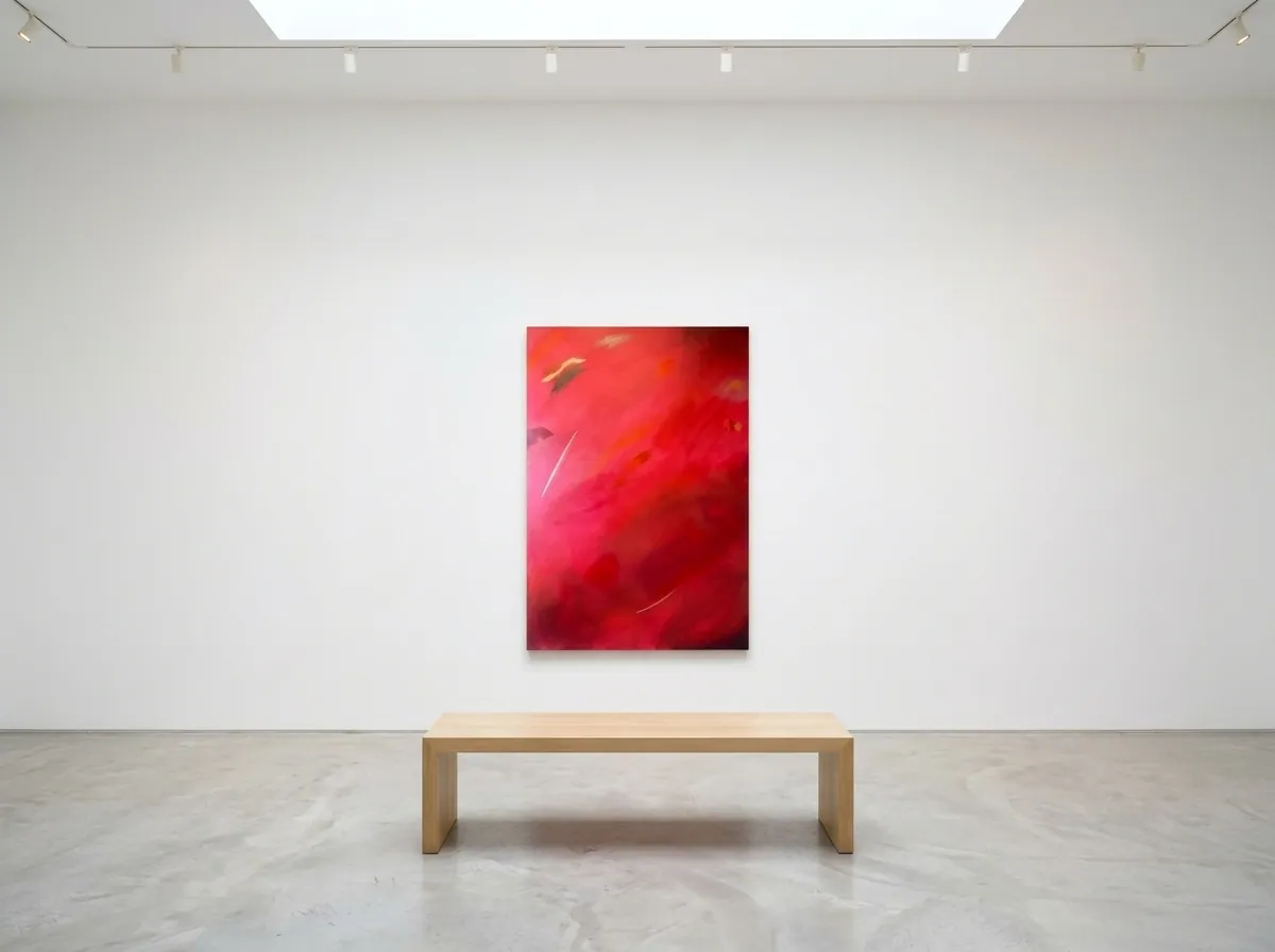 Fire of Devotion (100 x 150 cm), acrílica sobre tela em carmesim, em montagem digital de galeria branca com banco de carvalho e iluminação por trilho — Alyne Perfeito, Perfeito Studio
