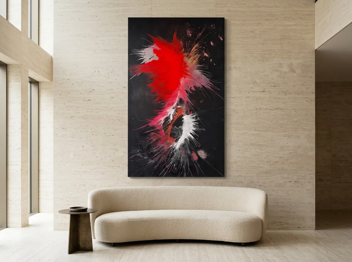 لوحة «Genesis of Flame» (120 × 200 سم، العرض × الارتفاع) — أليني بيرفيتو، بيرفيتو ستوديو: نواة حمراء وشظايا فضية وبيضاء على أرضية سوداء، معلّقة عمودياً على جدار مرتفع من حجر الترافرتين فوق أريكة منحنية، تصور رقمي