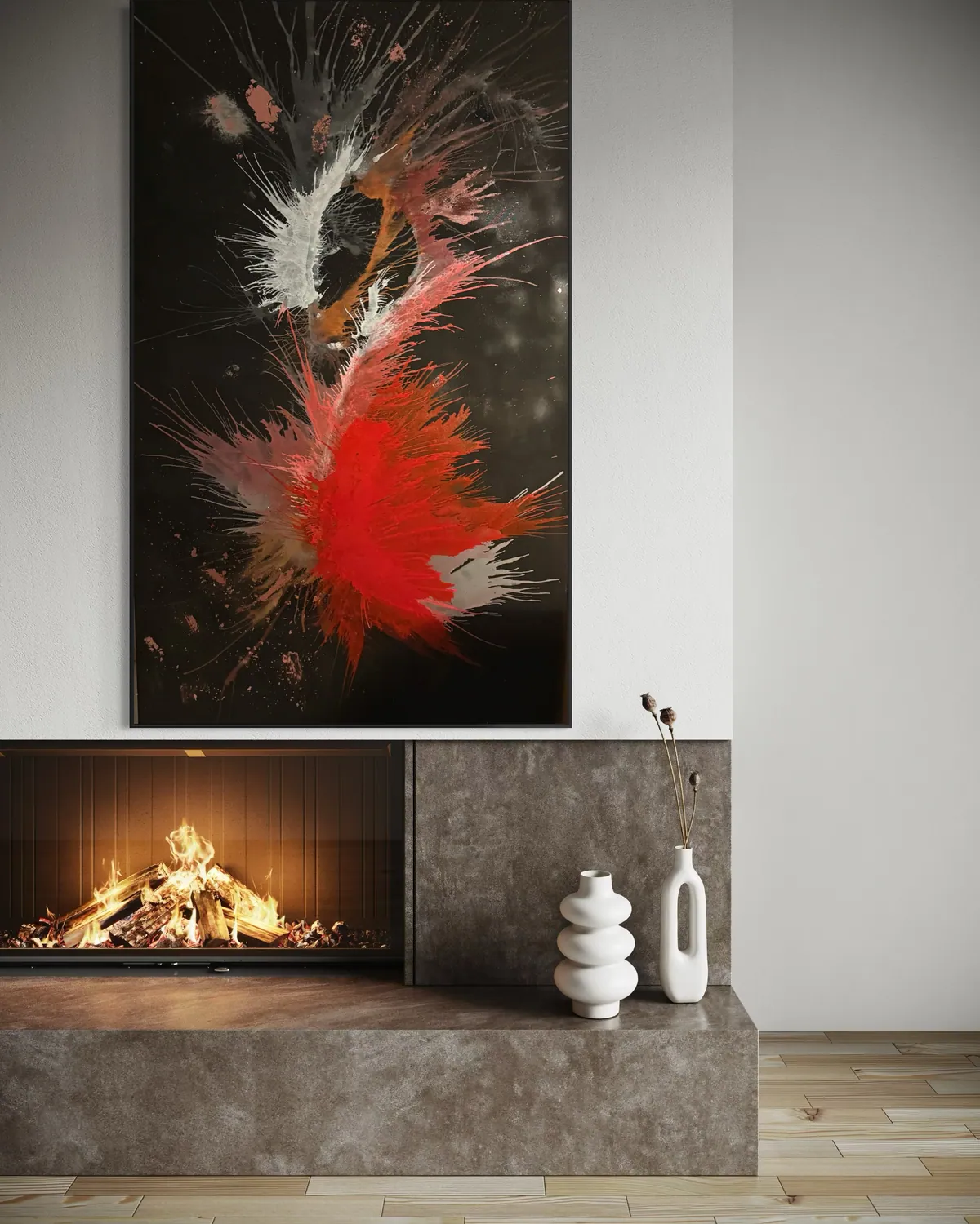 Original painting by Alyne Perfeito hung in a living room — digital visualization