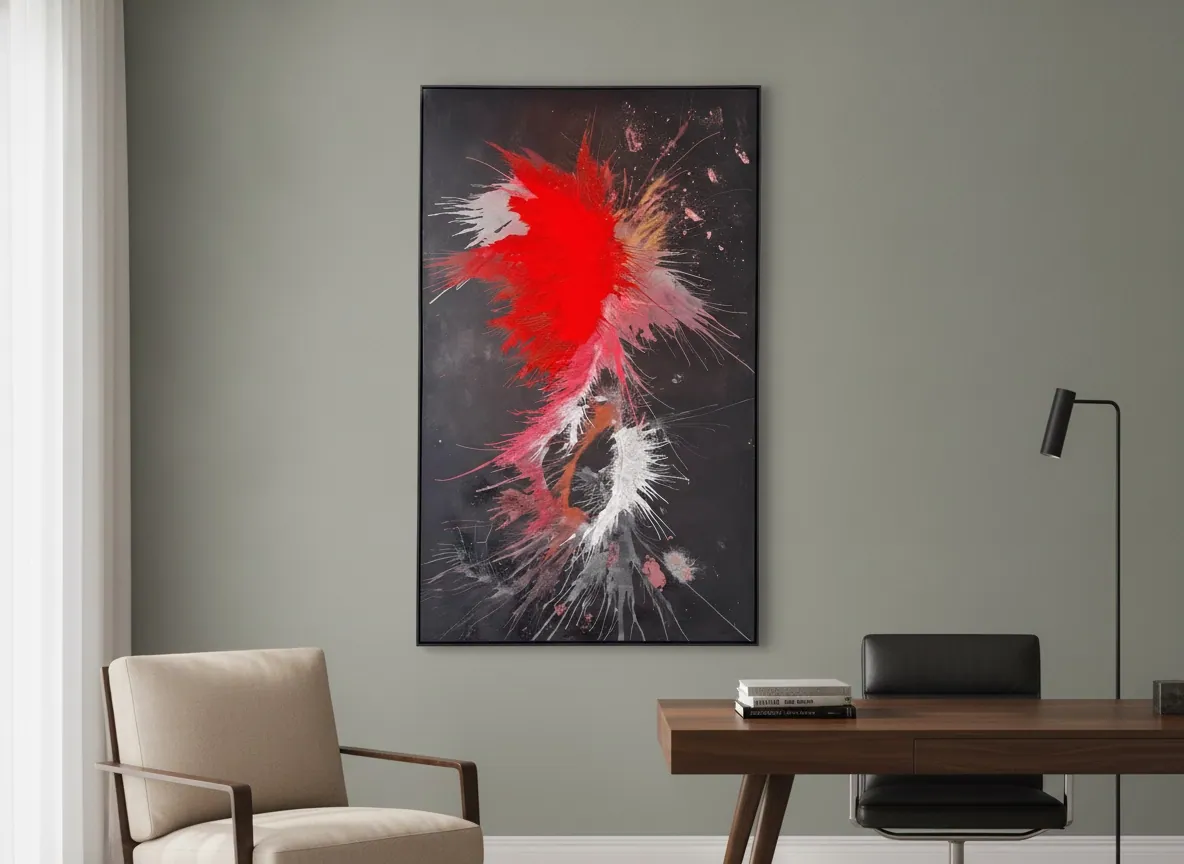 Genesis of Flame (120 x 200 cm), mixed media on canvas with metallic pigment and high-gloss finish, shown in an industrial-style studio interior — Alyne Perfeito, Perfeito Studio