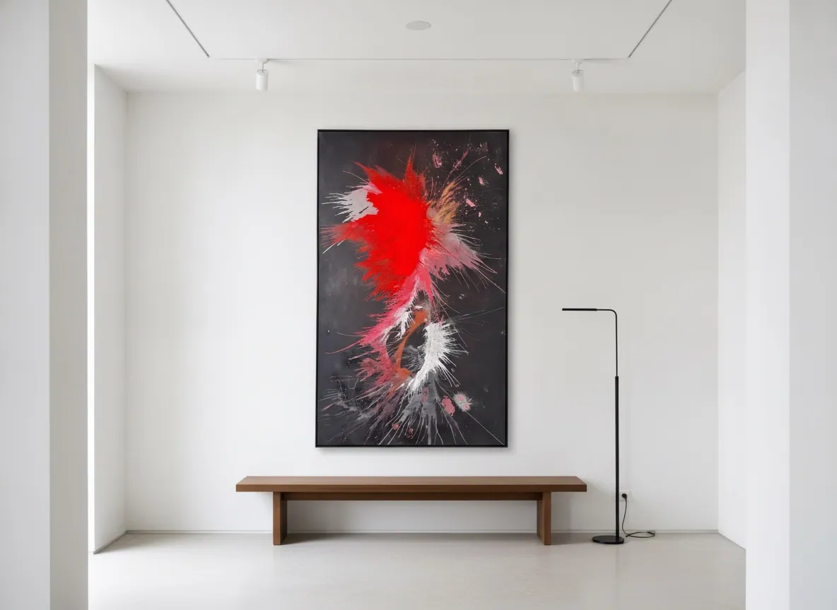 Genesis of Flame (120 x 200 cm), técnica mista sobre tela, em parede branca ampla com trilho de spots — Alyne Perfeito, Perfeito Studio