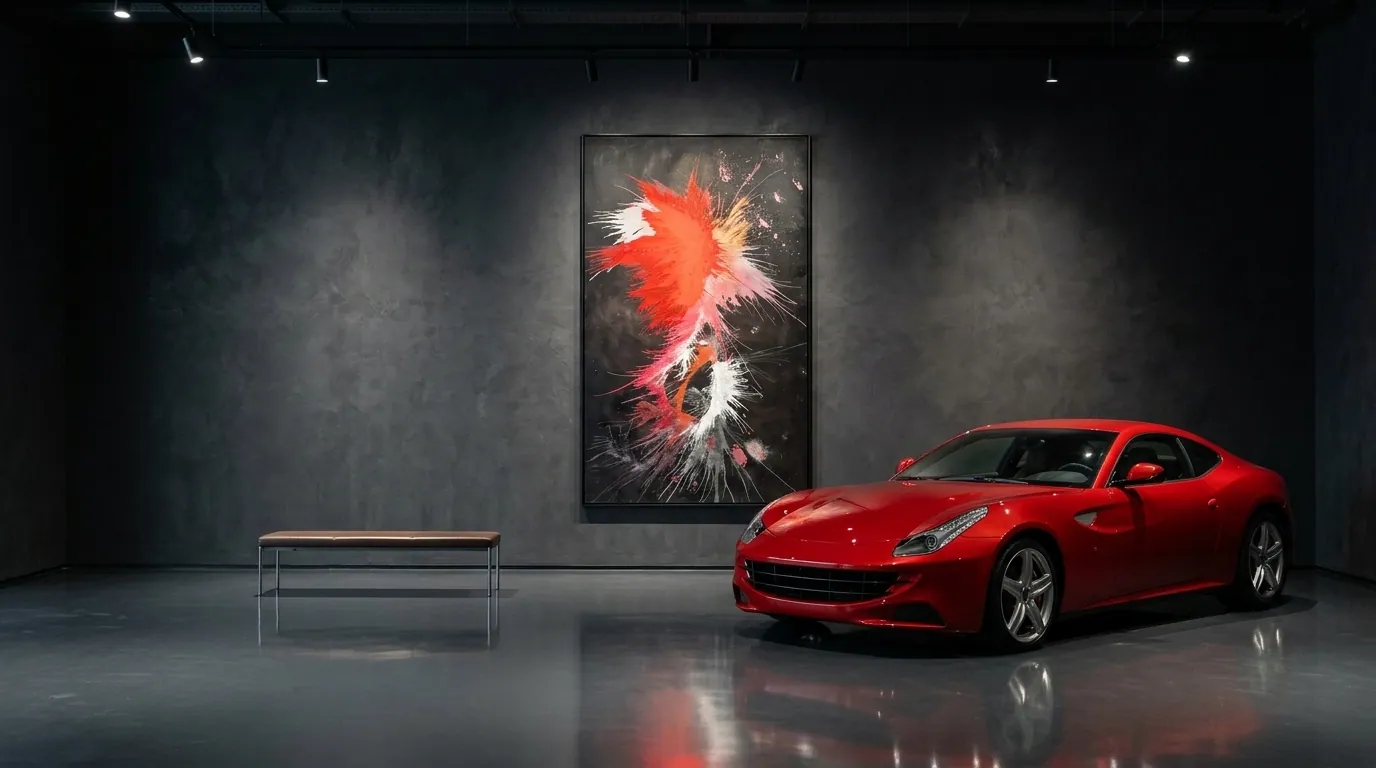Genesis of Flame (120 x 200 cm), mixed media on canvas, Alyne Perfeito, Perfeito Studio, on a dark plaster wall in a digital visualisation of a collector's car gallery, with a red car parked at the right and a leather bench at the left