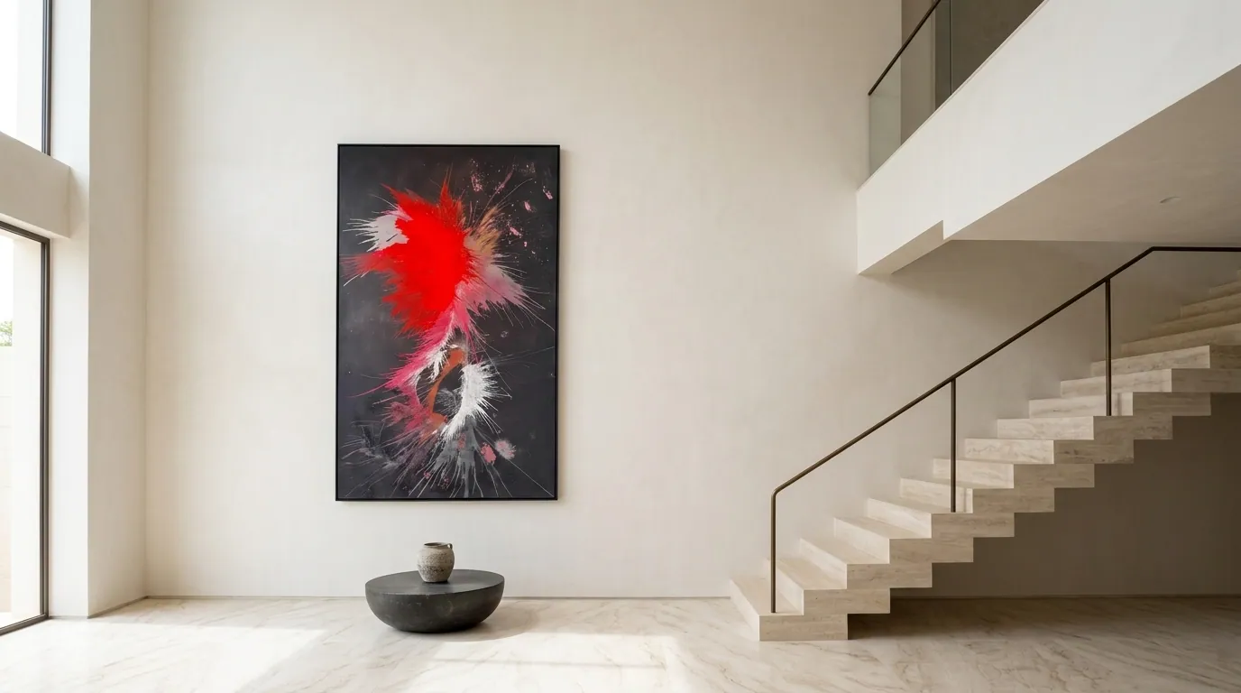 Genesis of Flame (120 x 200 cm), mixed media on canvas, Alyne Perfeito, Perfeito Studio, on a plaster wall of a double-height hall in a digital visualisation, with a stone staircase at the right and a dark stone bowl with a clay pot below the work
