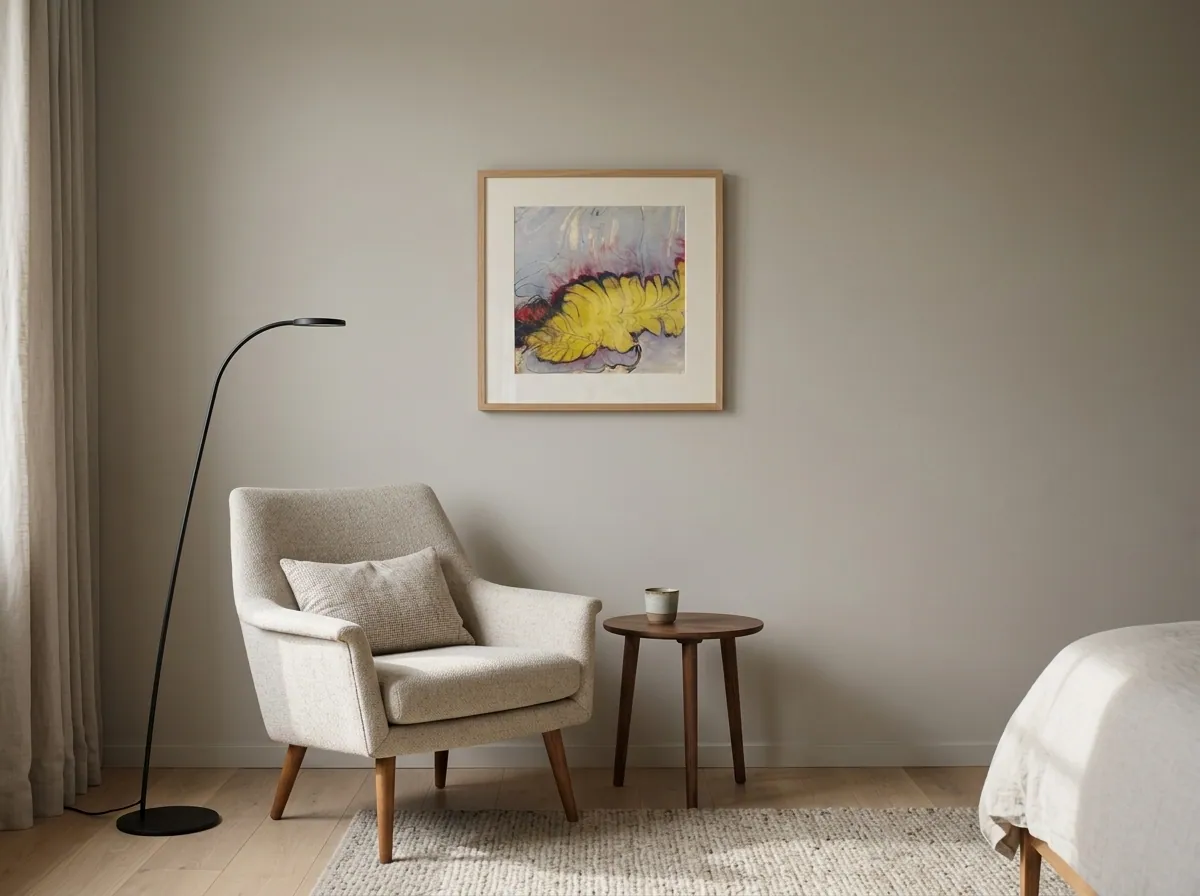 Golden Frond (45 x 45 cm), aquarelle et acrylique sur papier encadrée, au mur d'un coin salon d'une chambre, avec fauteuil, guéridon et le bord d'un lit — Alyne Perfeito, Perfeito Studio