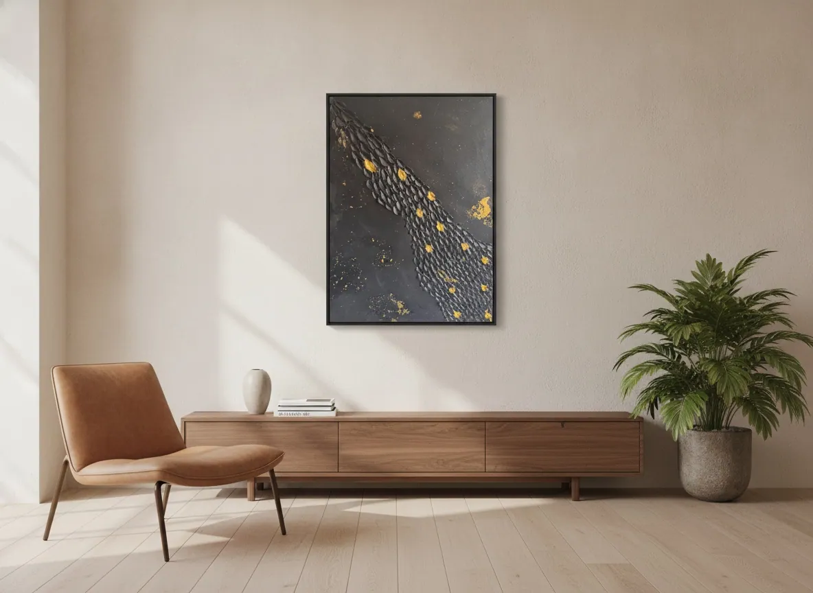 Golden Passage (60 x 80 cm), técnica mista com pasta texturizada e folha de ouro sobre tela, em ambiente de sala de estar — Alyne Perfeito, Perfeito Studio
