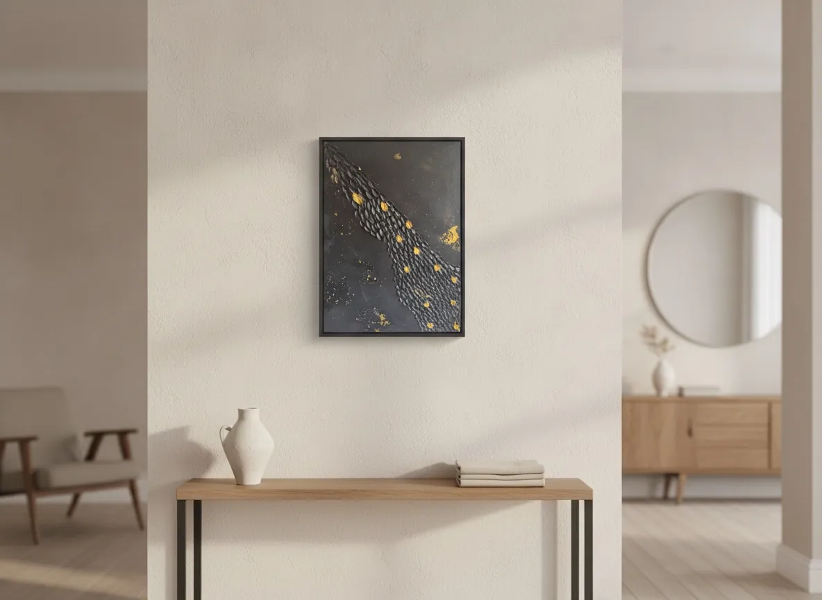Golden Passage (60 x 80 cm), técnica mista com folha de ouro sobre tela, num hall de entrada ao lado de um console, com espelho ao fundo — Alyne Perfeito, Perfeito Studio