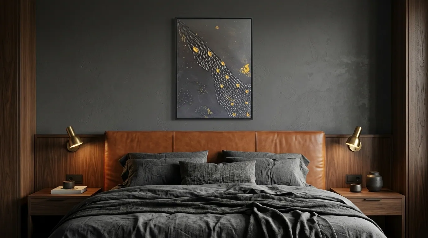 Golden Passage (60 × 80 cm), técnica mista com pasta de textura e folha metálica dourada sobre tela — Alyne Perfeito, Perfeito Studio. Visualização de quarto: obra negra com faixa diagonal de formas em relevo e fragmentos dourados sobre parede grafite, acima de uma cabeceira de couro caramelo.