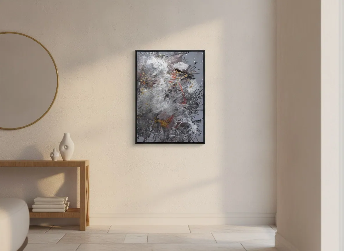 Origin of Light (60 x 80 cm), mixed media with acrylic and gold leaf on canvas, in a warm, reception-style setting — Alyne Perfeito, Perfeito Studio