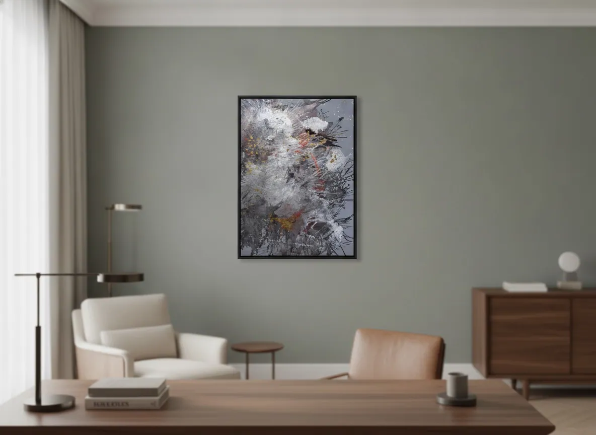 Simulação de Origin of Light (60 x 80 cm), técnica mista com acrílica e folha de ouro sobre tela, em escritório executivo — Alyne Perfeito, Perfeito Studio