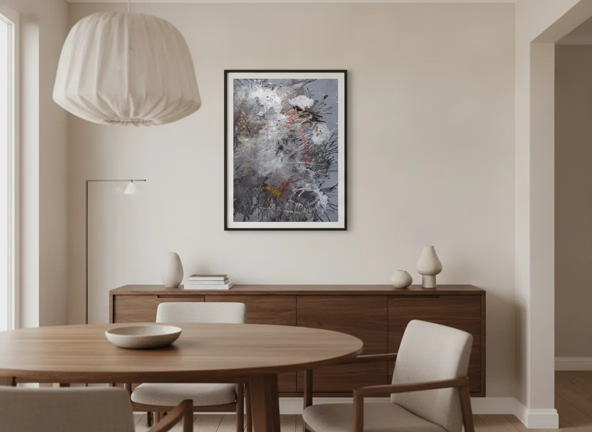 Origin of Light (60 x 80 cm), mixed media with acrylic and imitation gold leaf on canvas, shown in a dining room mockup — Alyne Perfeito, Perfeito Studio