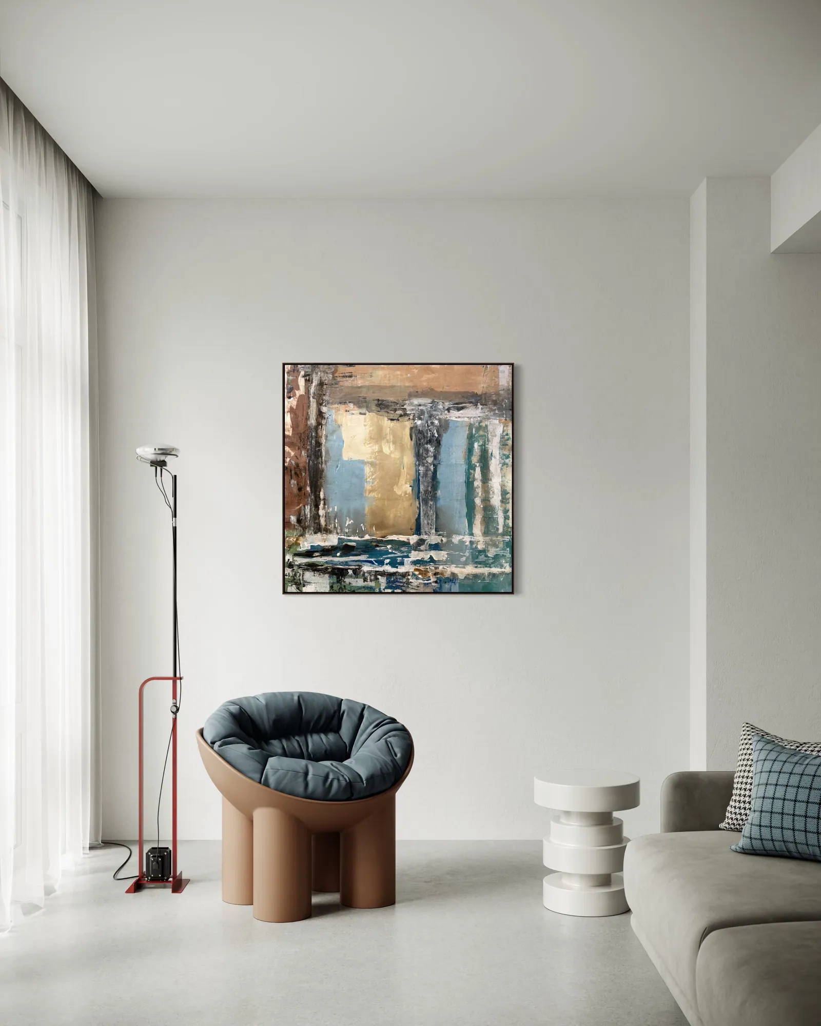 Patina Field (100 x 100 cm), acrílica sobre tela, em ambiente — Alyne Perfeito, Perfeito Studio