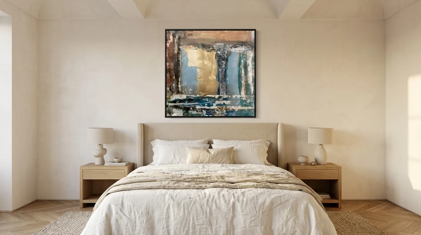 Patina Field (100 x 100 cm), acrílica sobre tela, acima de uma cama king com cabeceira de linho, em quarto claro com teto abobadado — Alyne Perfeito, Perfeito Studio