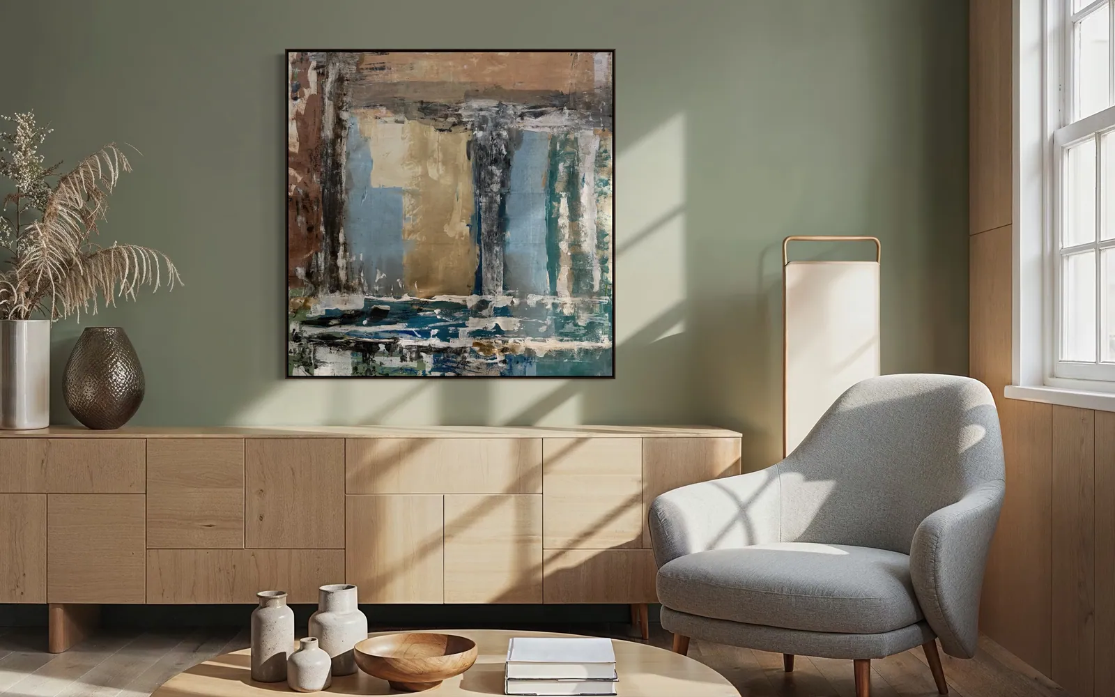 Patina Field (100 x 100 cm), acrílica sobre tela, em sala de estar de paleta neutra — Alyne Perfeito, Perfeito Studio