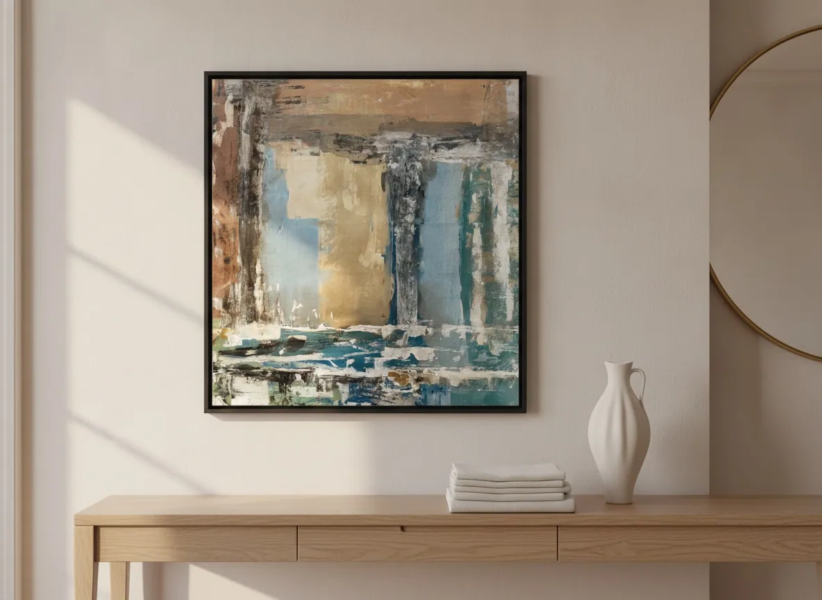 Patina Field (100 x 100 cm), acrylic on canvas, on a pale wall crossed by side light and bands of shadow, above a light oak console with a white vase and a round mirror — Alyne Perfeito, Perfeito Studio