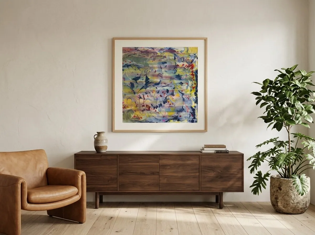Petal Current (73 x 73 cm including frame), watercolor and acrylic on paper, in a light wooden frame with a white mat, above a walnut-toned sideboard with a tan leather armchair and a potted plant — Alyne Perfeito, Perfeito Studio