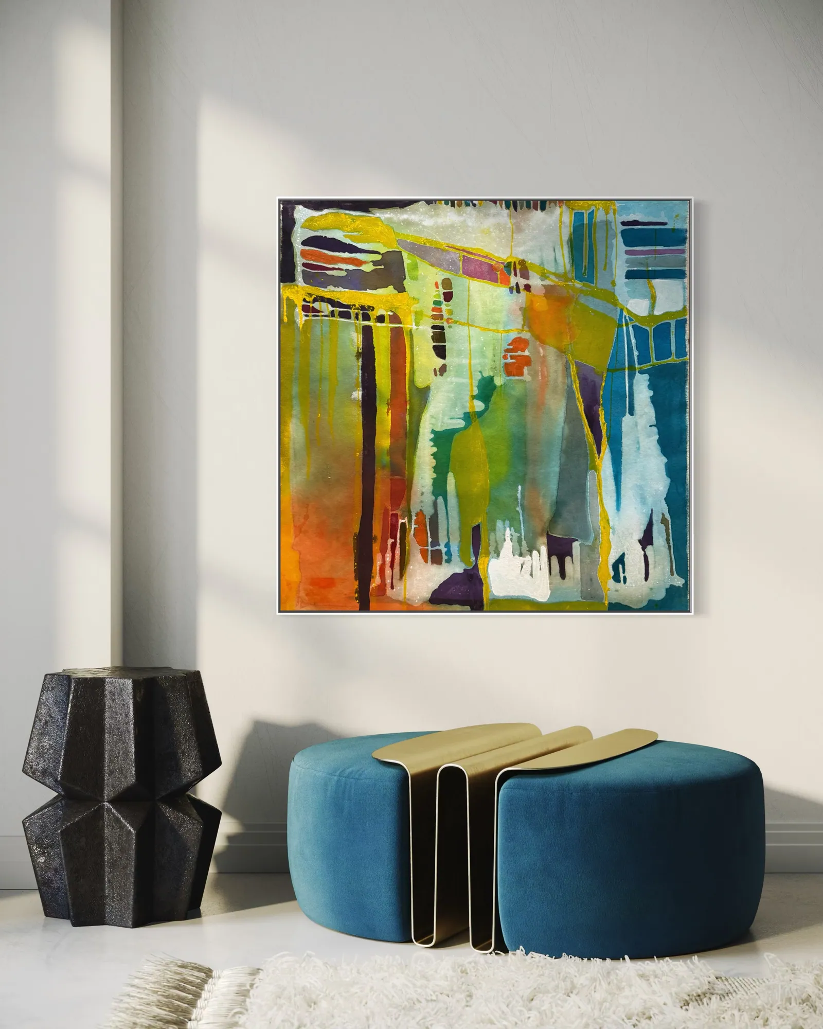 Prism Garden (100 x 100 cm), acrílica sobre tela, em ambiente — Alyne Perfeito, Perfeito Studio