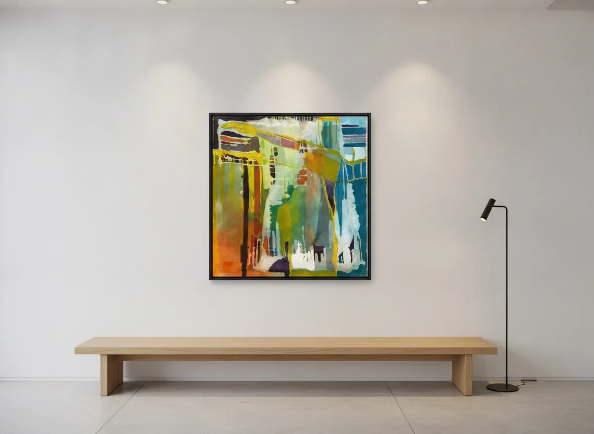 Prism Garden (100 x 100 cm), acrylic on canvas, in a digital visualisation on a pale wall above a light oak bench, lit by ceiling spots, with a black floor lamp at right — Alyne Perfeito, Perfeito Studio