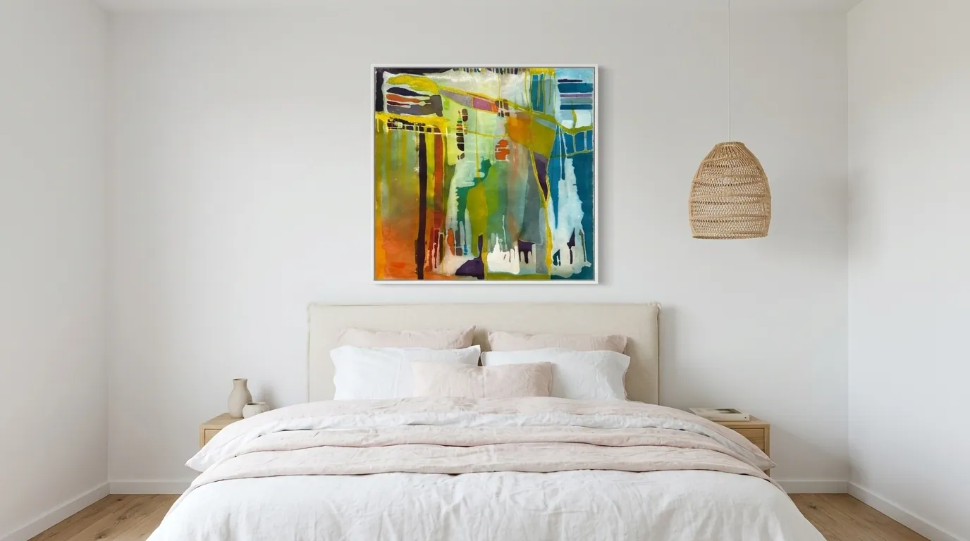 Prism Garden (100 x 100 cm), Acryl auf Leinwand, quadratische Komposition in Limettengrün, Orange und Petrolblau mit weißem Rahmen, über einem Bett mit Leinenkopfteil und hellrosa Bettwäsche in einem weißen Zimmer mit Rattanleuchte — Alyne Perfeito, Perfeito Studio
