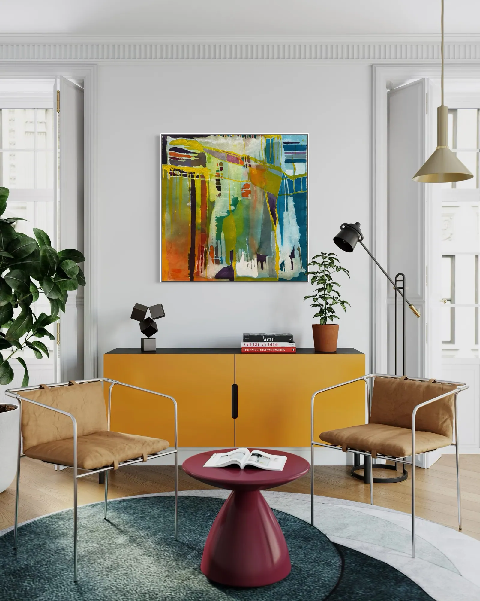 Prism Garden (100 x 100 cm), acrílica sobre tela, em sala contemporânea com aparador amarelo e poltronas de couro — Alyne Perfeito, Perfeito Studio