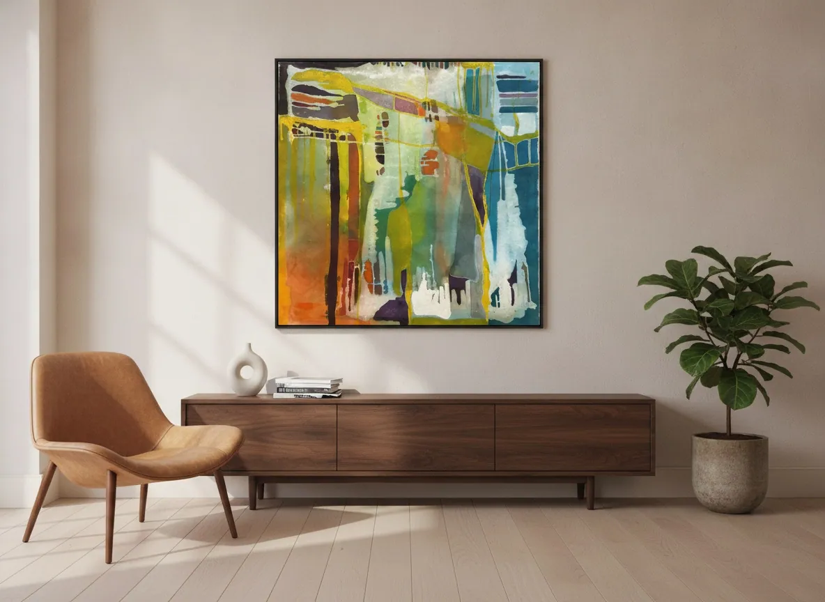 Prism Garden (100 x 100 cm), acrílica sobre tela, em ambiente residencial — Alyne Perfeito, Perfeito Studio
