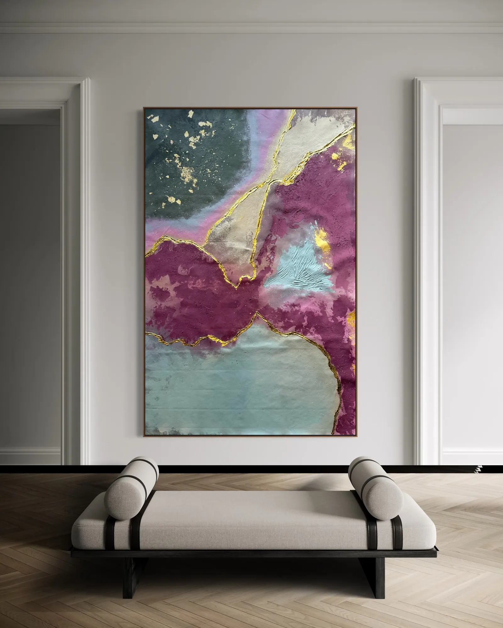 Quartz Seam (98 x 152 cm), técnica mista com acrílica e folha de ouro sobre tela — Alyne Perfeito, Perfeito Studio