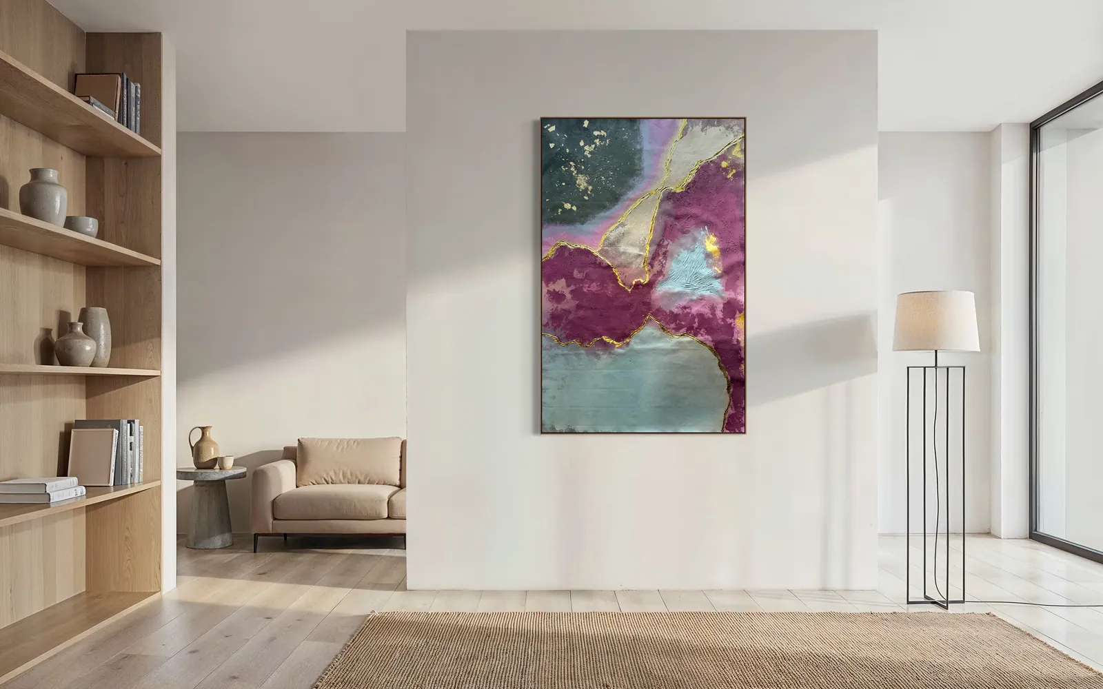 Quartz Seam (98 x 152 cm), técnica mista com acrílica e folha de ouro sobre tela, instalada em sala com acabamento já concluído — Alyne Perfeito, Perfeito Studio