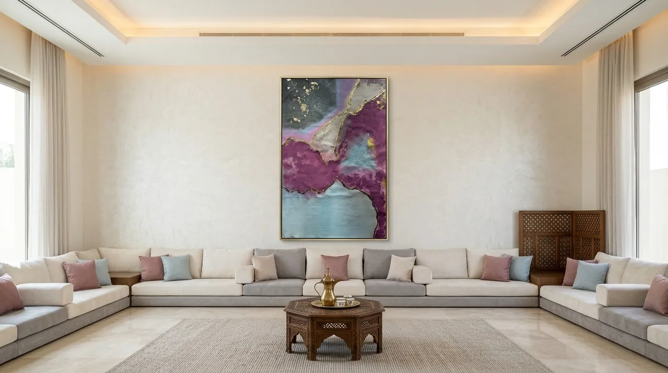 Quartz Seam (98 x 152 cm), mixed media with acrylic and imitation gold leaf (metallic leaf) on canvas, on the central wall of a villa majlis with low seating along three walls — Alyne Perfeito, Perfeito Studio