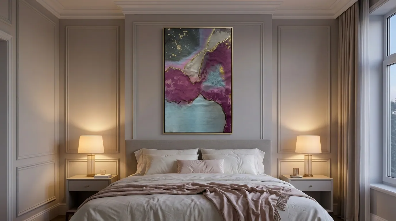 Quartz Seam (98 x 152 cm), tecnica mista con acrilico e foglia metallica (imitazione dell'oro) su tela, sopra una testiera grigia in una camera con boiserie e lampade a luce calda — Alyne Perfeito, Perfeito Studio
