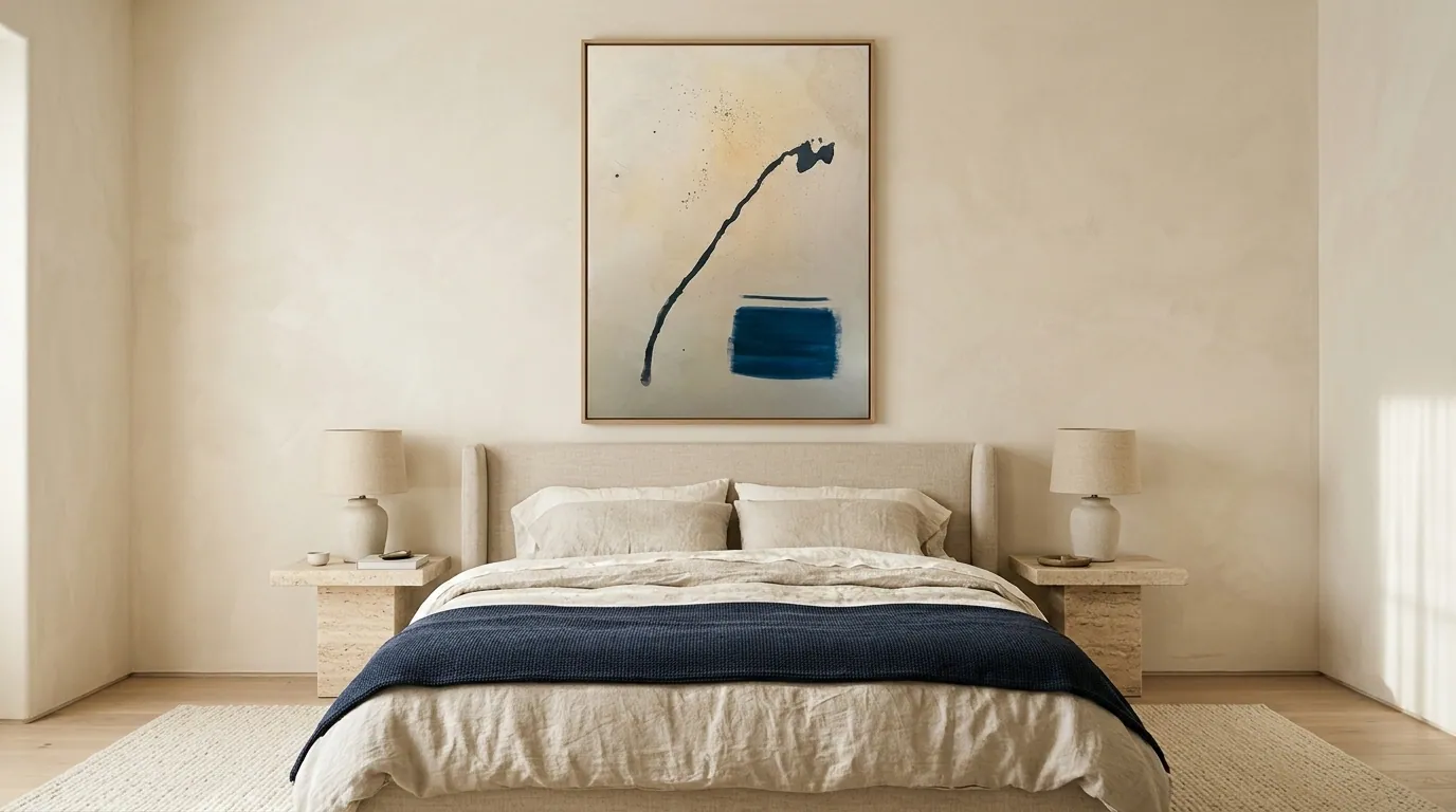 Silent Interval (120 x 160 cm), técnica mista com acrílica sobre tela, acima de uma cama king com cabeceira estofada, em quarto de tons creme e marinho — Alyne Perfeito, Perfeito Studio