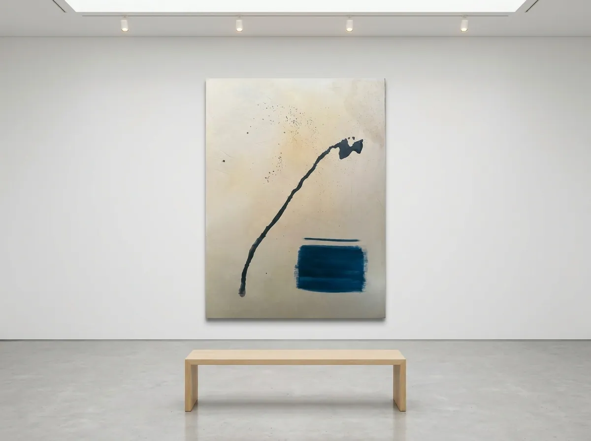 لوحة «Silent Interval» (120 × 160 سم، العرض × الارتفاع) — أليني بيرفيتو، بيرفيتو ستوديو: ضربة سوداء منحنية وكتلة زرقاء على أرضية عاجية، معلّقة على جدار أبيض في قاعة بإضاءة سقفية فوق مقعد خشبي منخفض، تصور رقمي