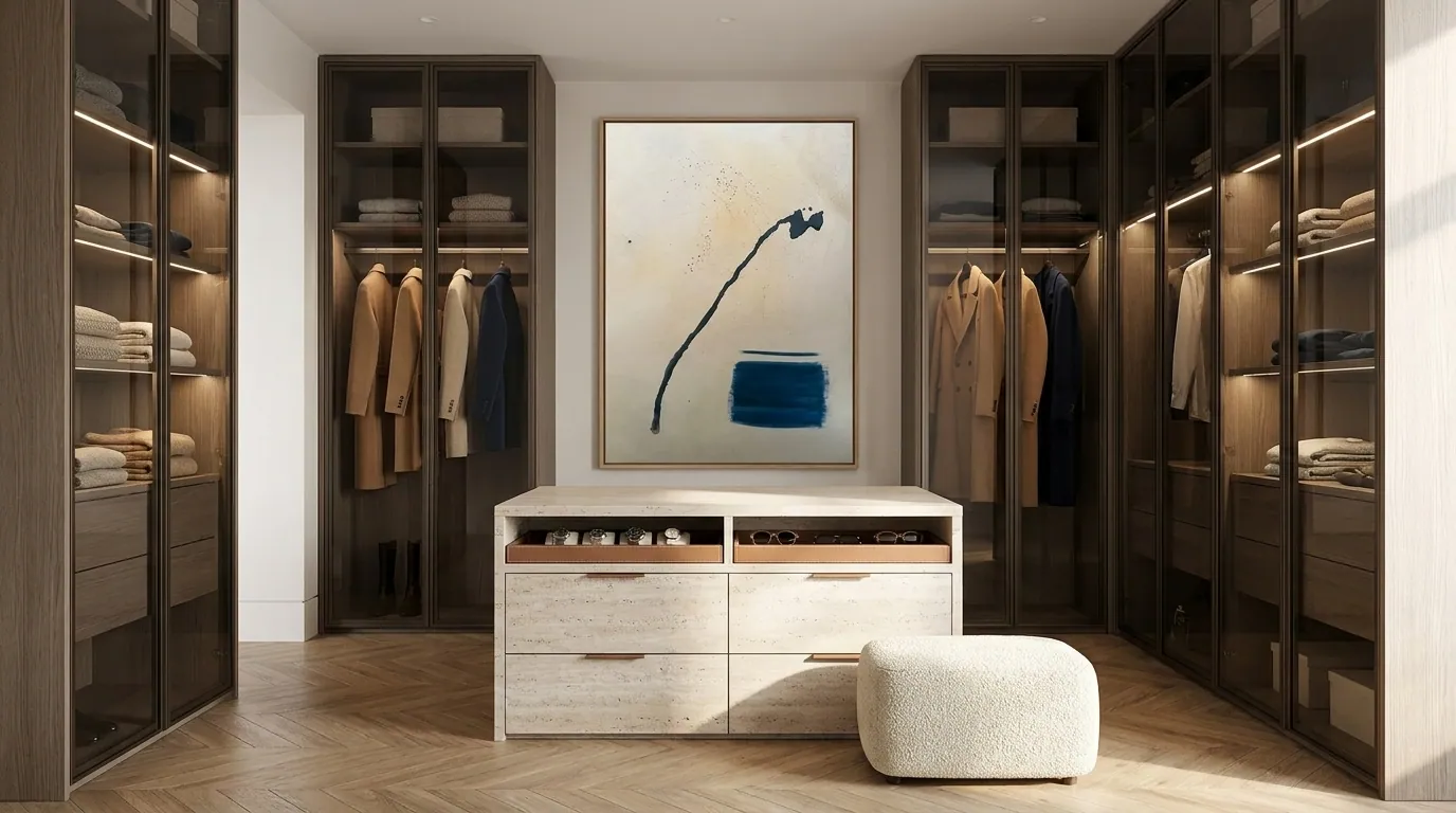 Silent Interval (120 × 160 cm), técnica mista com acrílica sobre tela — Alyne Perfeito, Perfeito Studio. Visualização de closet: pintura vertical em branco-osso com um traço preto e um bloco azul, sobre uma parede entre armários de vidro e uma cômoda clara.