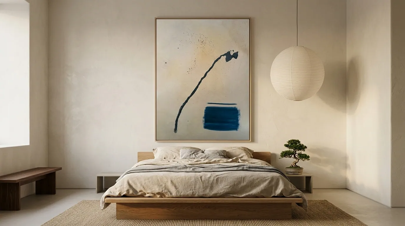 Silent Interval (120 × 160 cm), técnica mixta con acrílico sobre lienzo, en visualización digital en vertical encima de una cama baja de roble en un dormitorio de paredes claras — Alyne Perfeito, Perfeito Studio