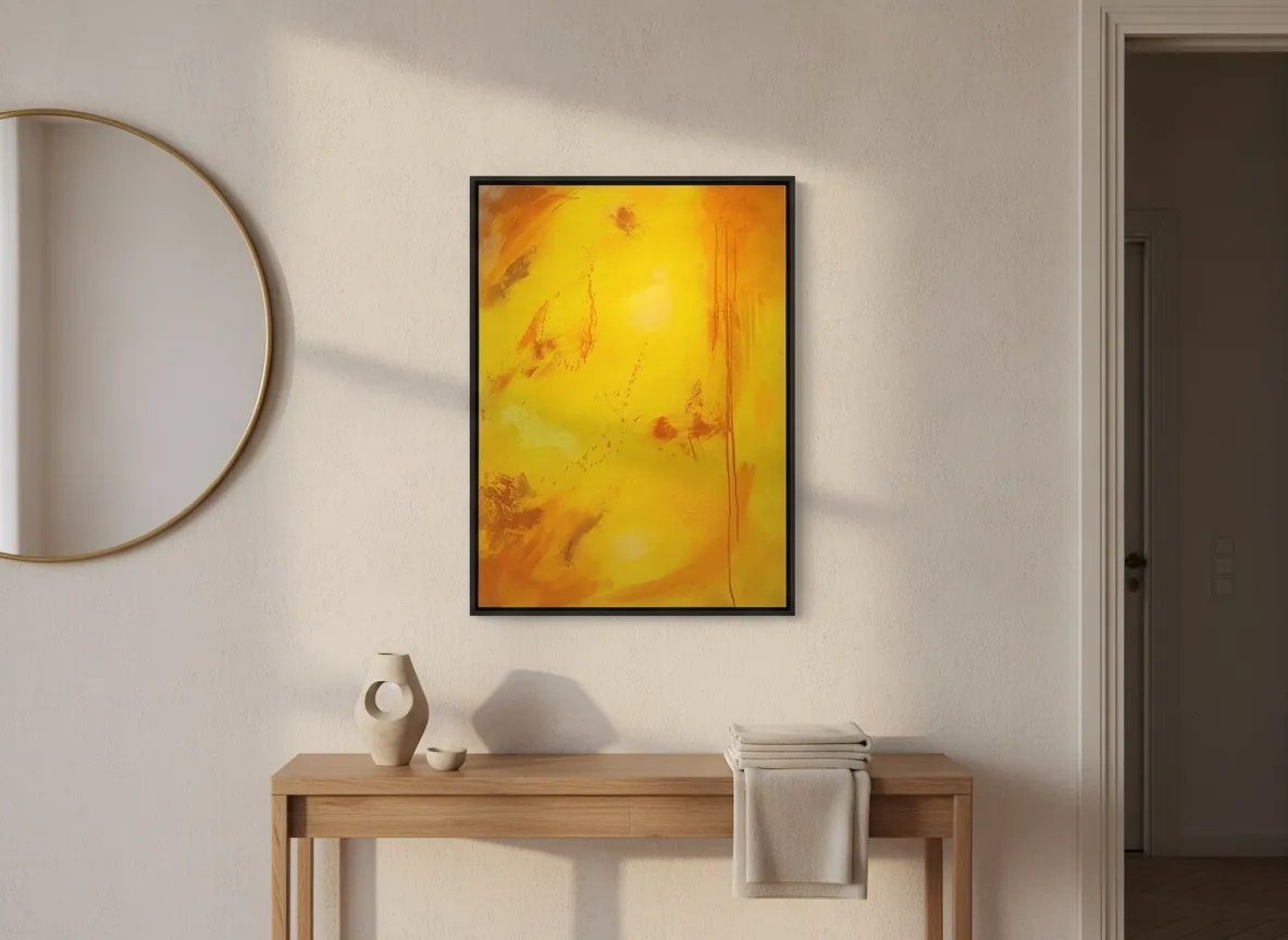 Solar Rain (70 x 110 cm), acrílica sobre tela, in situ em ambiente de recepção clínica — Alyne Perfeito, Perfeito Studio