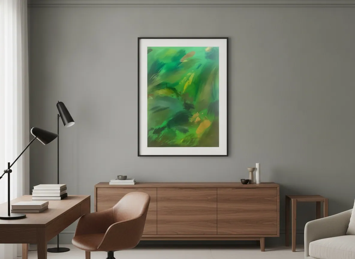 Vegetal Dawn, mixed-media painting by Alyne Perfeito in layered green and malachite tones, installed in a bright clinical reception