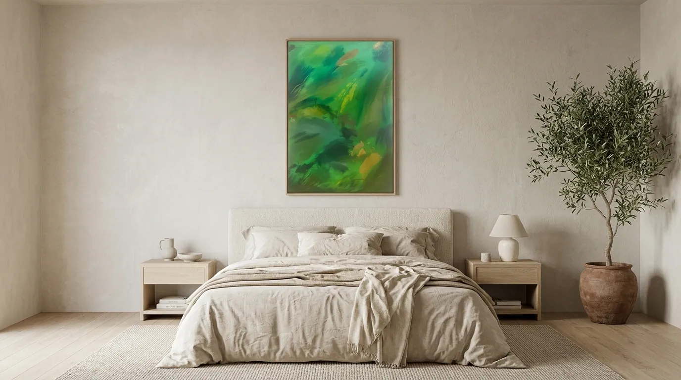 Vegetal Dawn (80 × 120 cm), acrílico y pan de oro de imitación sobre lienzo, en visualización digital encima de una cama con cabecero bajo de tejido claro, mesillas de madera clara y un olivo — Alyne Perfeito, Perfeito Studio