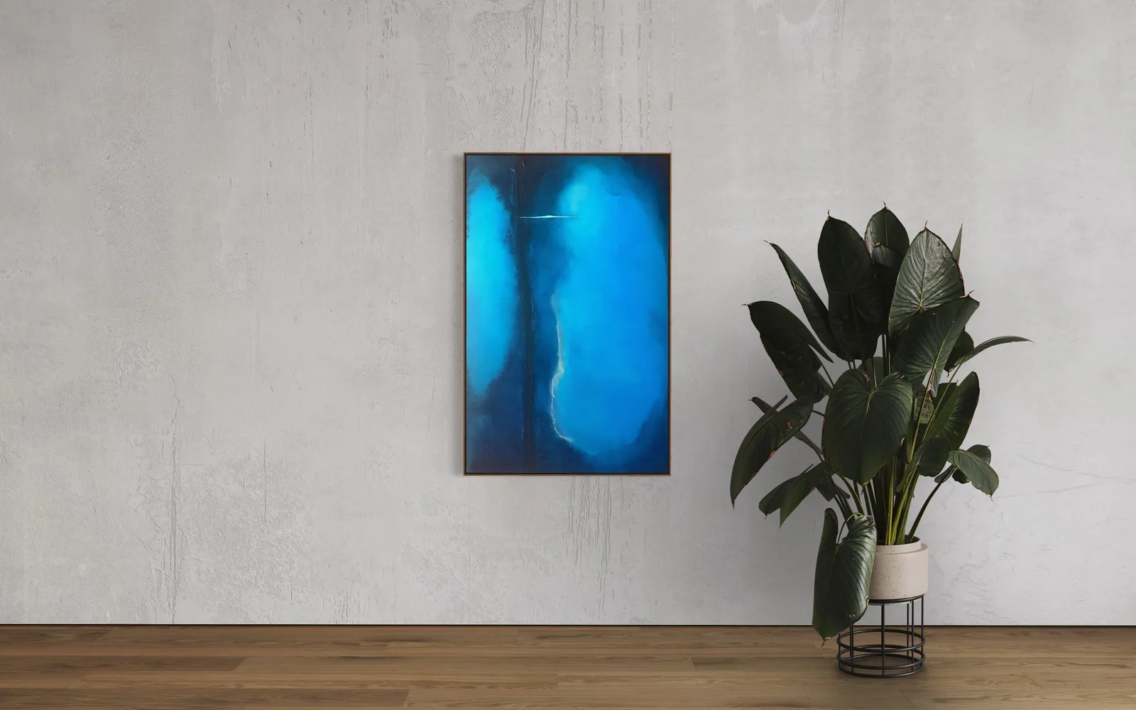 Veil of Light (70 x 110 cm), mixed media on canvas with sculpted texture, shown in a bright, clean clinical reception -- Alyne Perfeito, Perfeito Studio