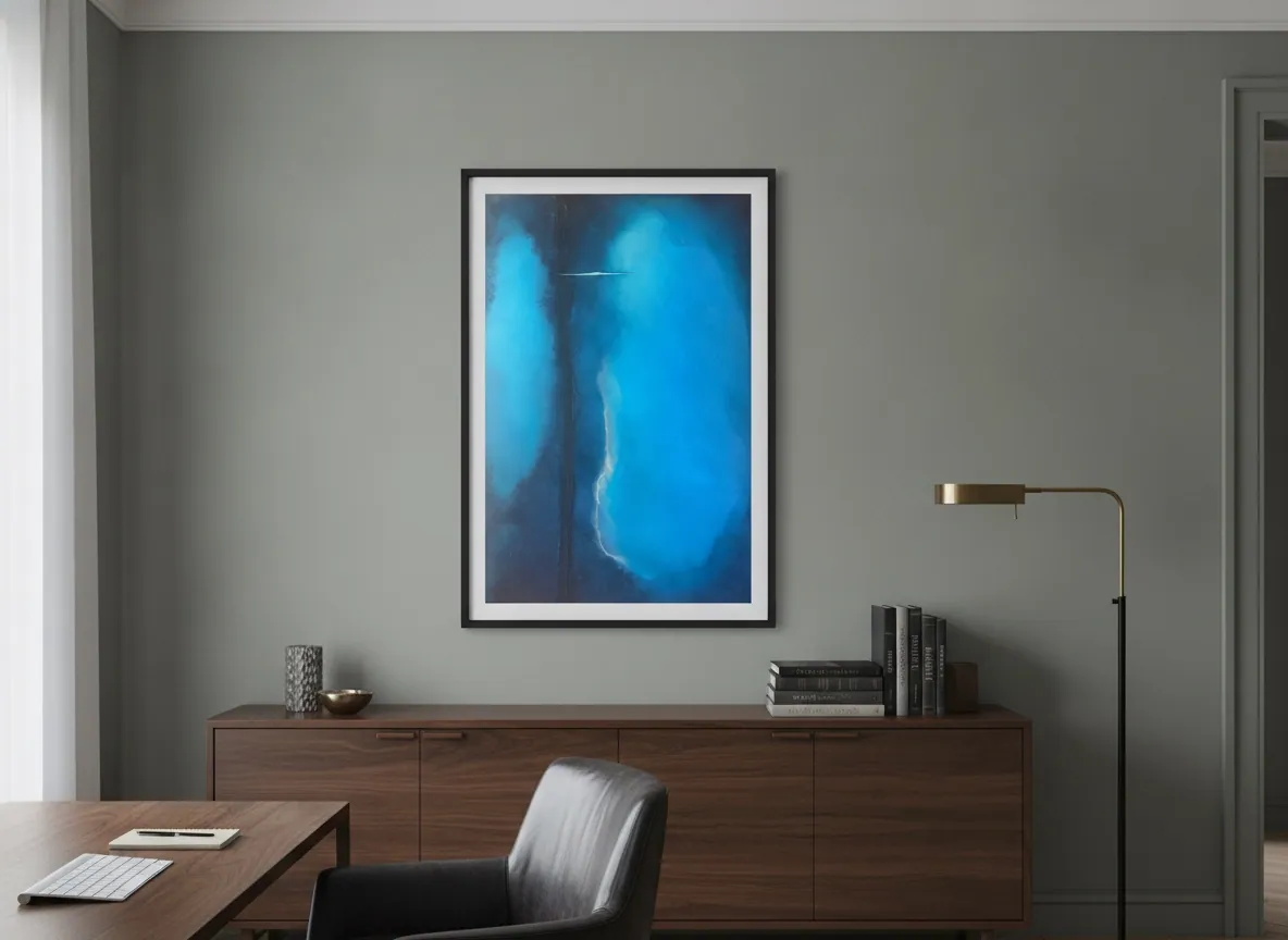 Veil of Light (70 x 110 cm), técnica mista sobre tela, em ambiente — Alyne Perfeito, Perfeito Studio