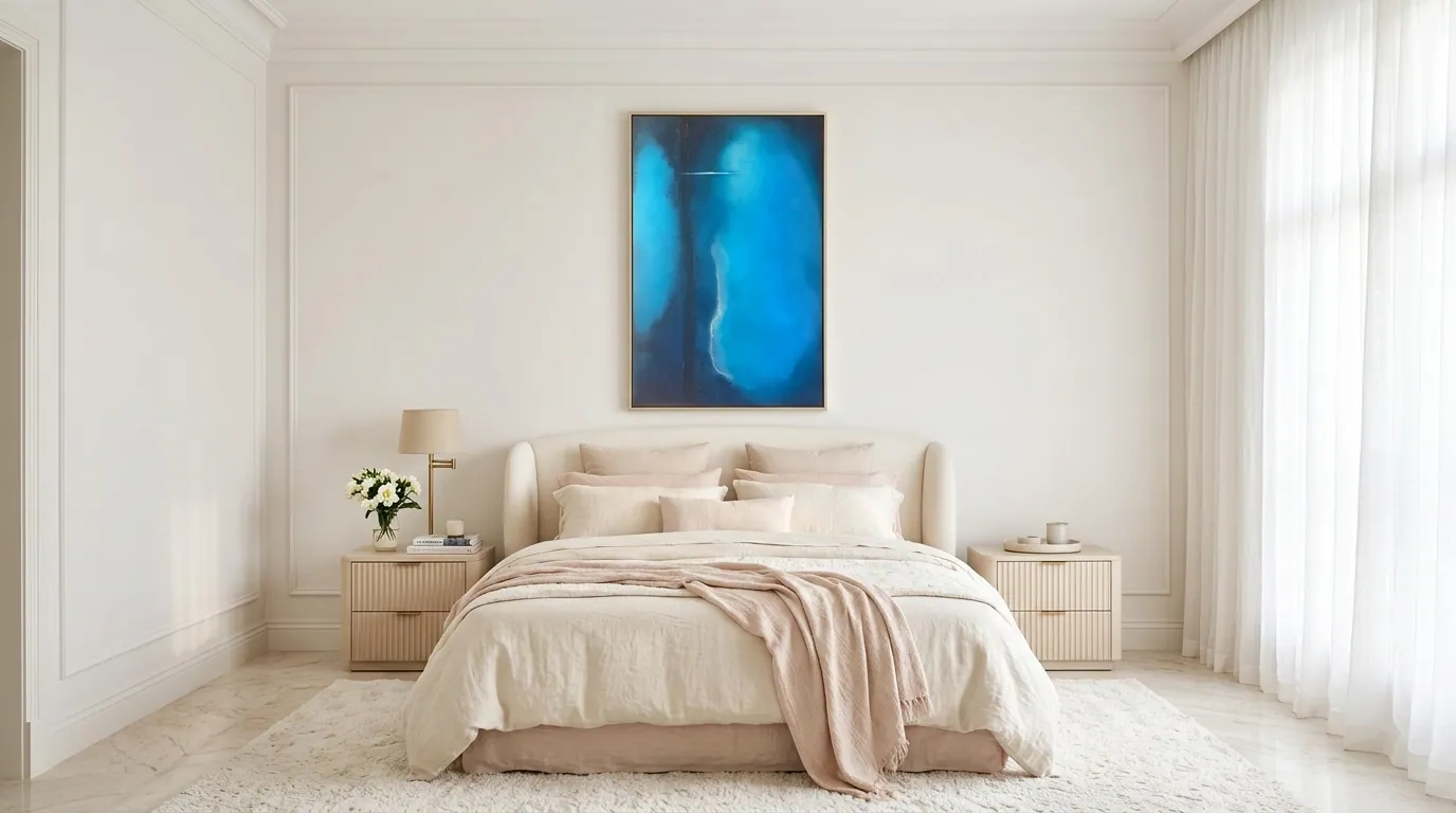 Veil of Light (70 x 110 cm), technique mixte sur toile avec texture sculptée et acrylique, composition verticale de bleu atmosphérique, accrochée au-dessus d'un lit à tête de lit courbe en lin crème, entre deux tables de chevet cannelées, dans une chambre aux boiseries blanches et aux voilages — visualisation numérique, Alyne Perfeito, Perfeito Studio