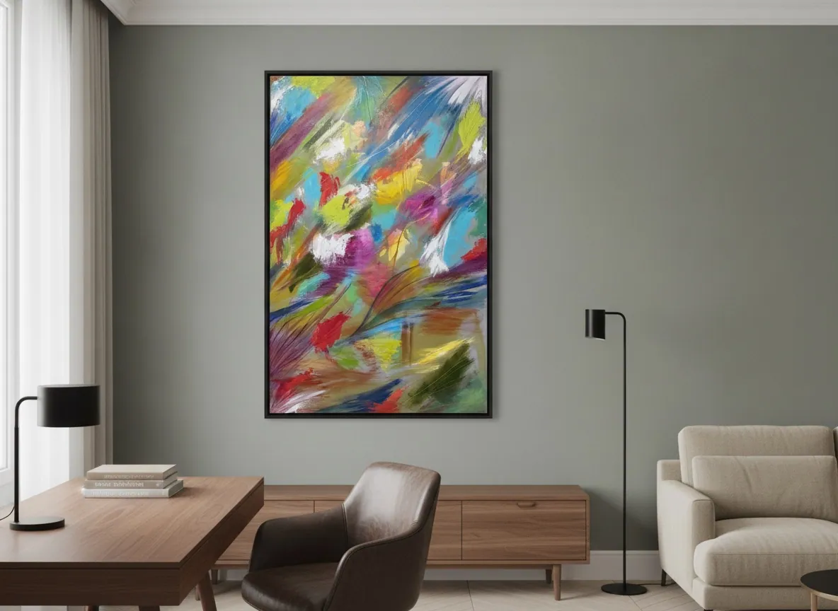 Vibrant Awakening (100 x 150 cm), acrílica sobre tela, instalada em parede cinza de escritório com aparador de madeira — Alyne Perfeito, Perfeito Studio