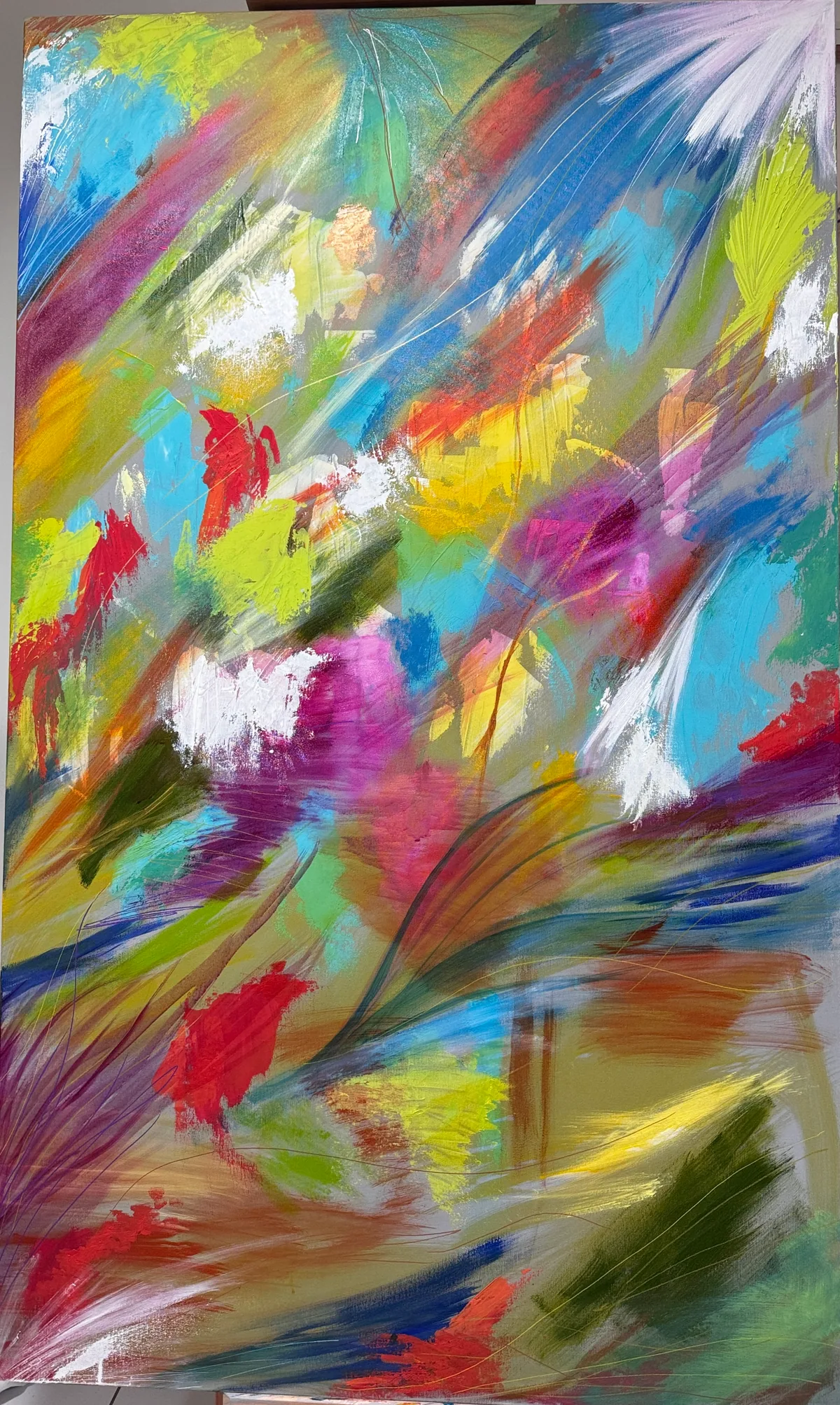 Vibrant Awakening — original mixed-media artwork by Alyne Perfeito, 100 x 150 cm (39 x 59 in), Luminous Rebirth series, 2025